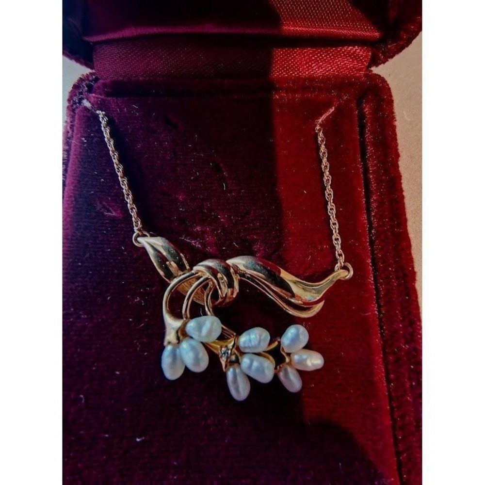 14k Gold Ribbon Necklace Seed Pearls Diamond Franklin Mint 1986 Original Box